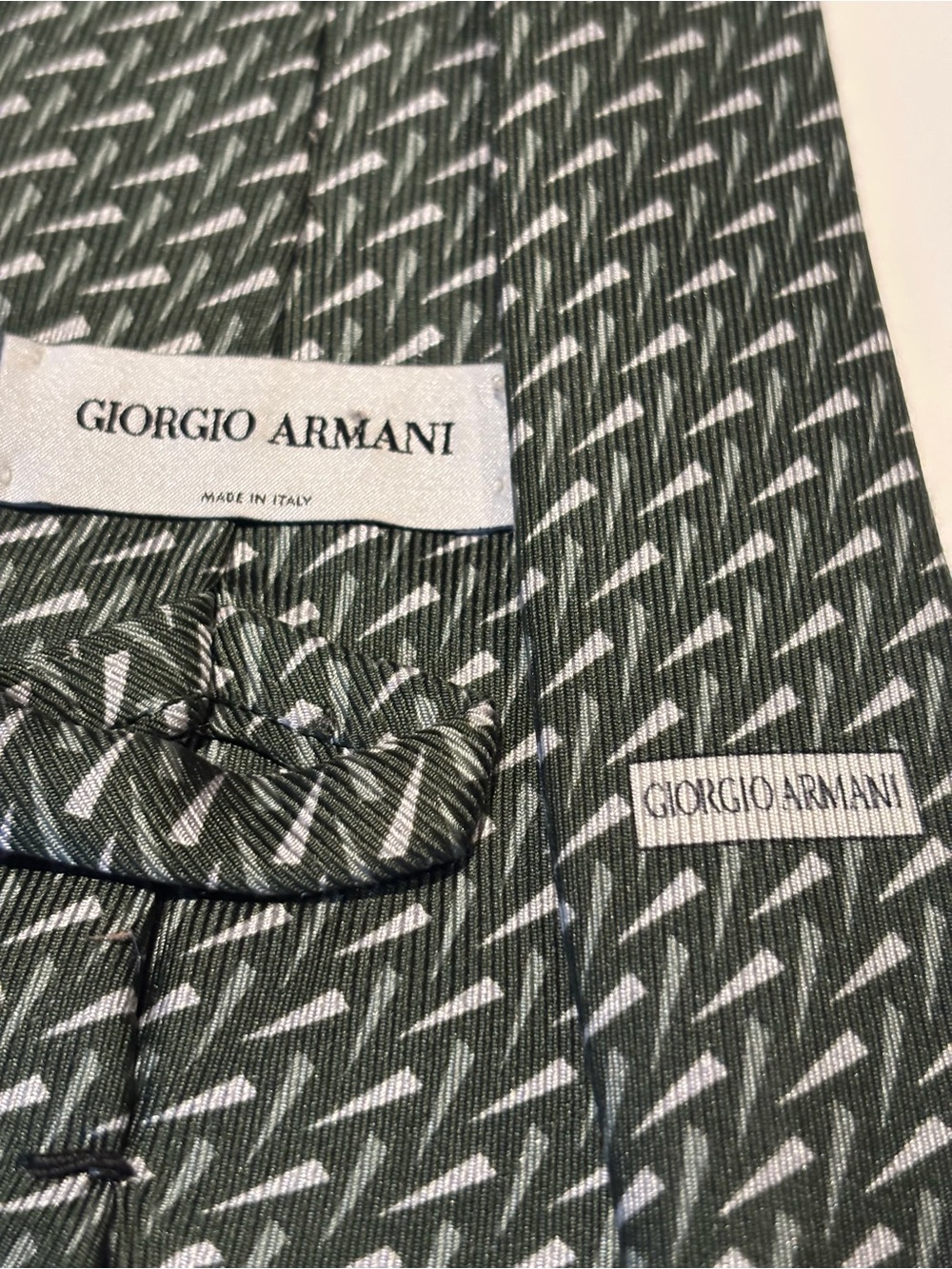 Giorgio Armani Dark Green and White Geometric Silk Tie